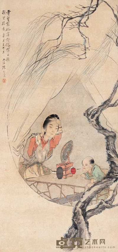 沈心海 1901年作 对镜梳髻 立轴 107×50cm